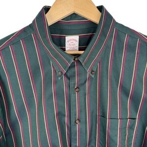 Brooks Brothers XXL Green Striped Non Iron Cotton Long Sleeve Polo Shirt